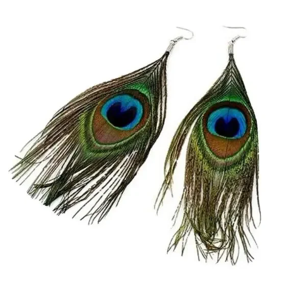 Whimsical Natural Delicate Boho Peacock Feather Dangle Drop Hook Earrings A0105 - Picture 9 of 12